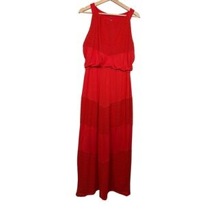 Chicos Red Halter Maxi Dress Elastic Waist Mesh Panels Flowy Summer Resort Small